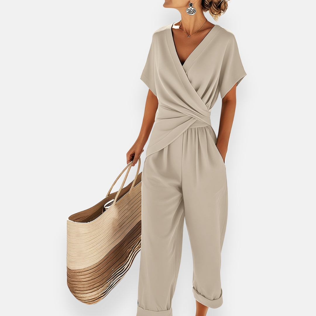 Wrap Twist Front V Neck Short Sleeve Casual Jumpsuit