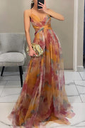 Floral Tulle Strappy Maxi Dress - Formal Evening Gown