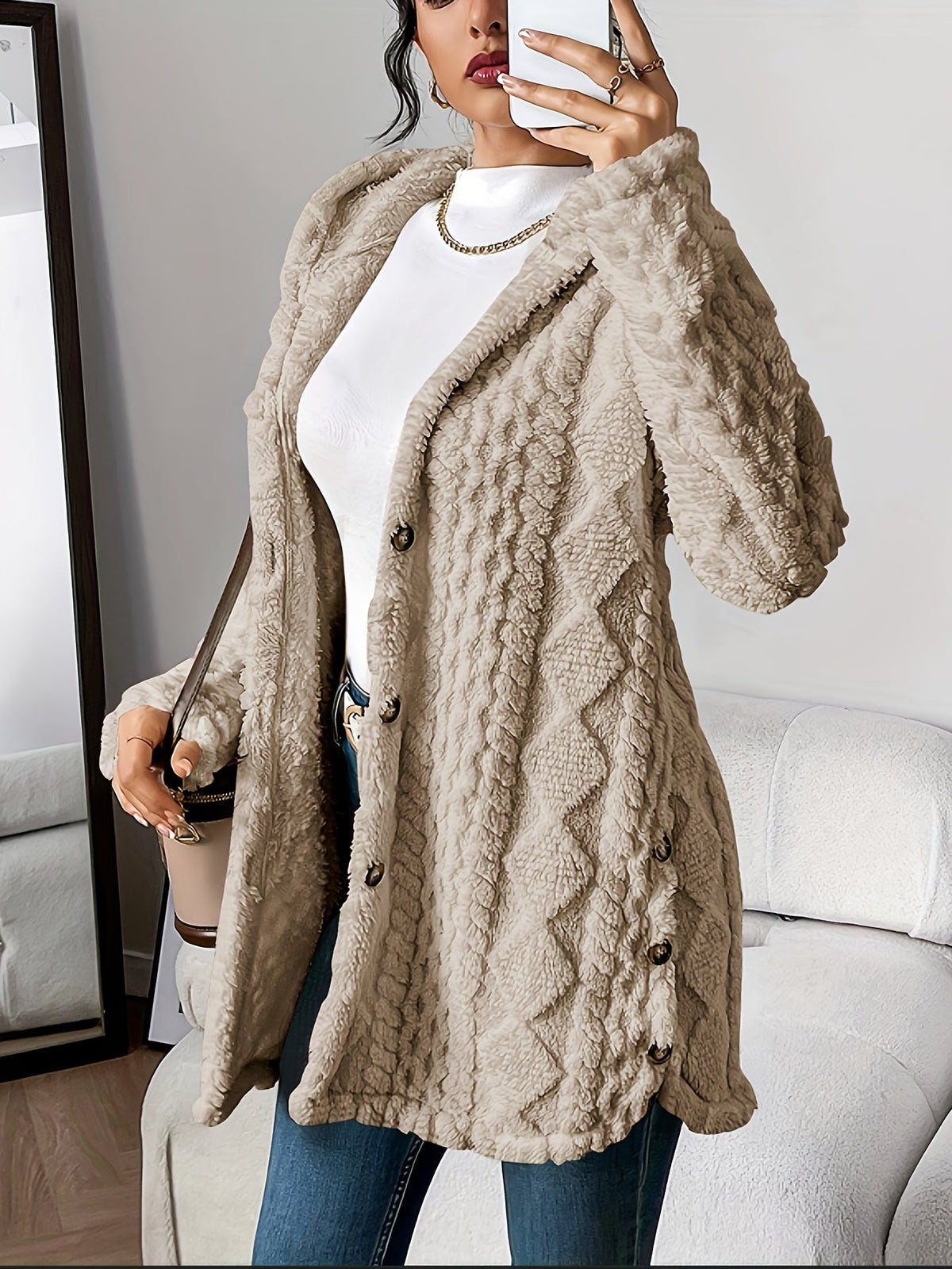 Odalys | Women's Hooded Textured Button-Up Cardigan