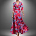 Bold Floral Wrap V Neck Satin Flowy Maxi Dress