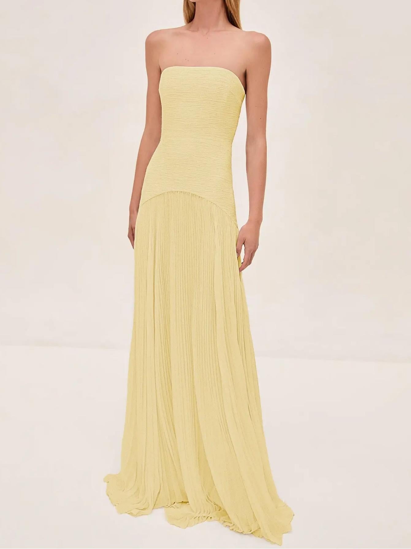 Strapless Ruched Bodice Pleated Skirt Flowy Maxi Dress - Wedding Guest