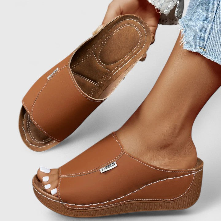 Leather Peep Toe Comfort Wedge Slide Sandal