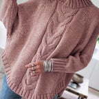 Wren | Women's Wool Cable Knit High-Neck Sweater with Flared Hem for Casual Fall Wear