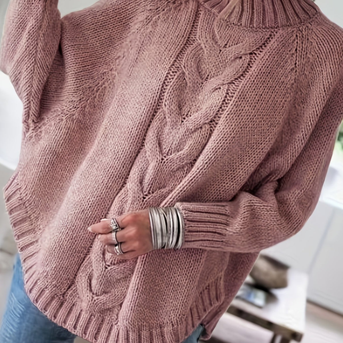 Wren | Women's Wool Cable Knit High-Neck Sweater with Flared Hem for Casual Fall Wear