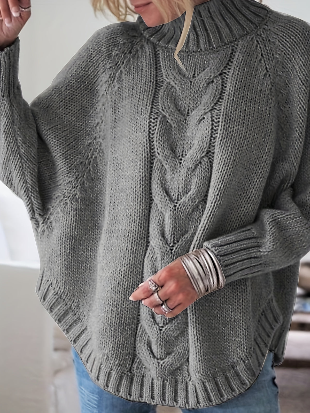 Wren | Women's Wool Cable Knit High-Neck Sweater with Flared Hem for Casual Fall Wear