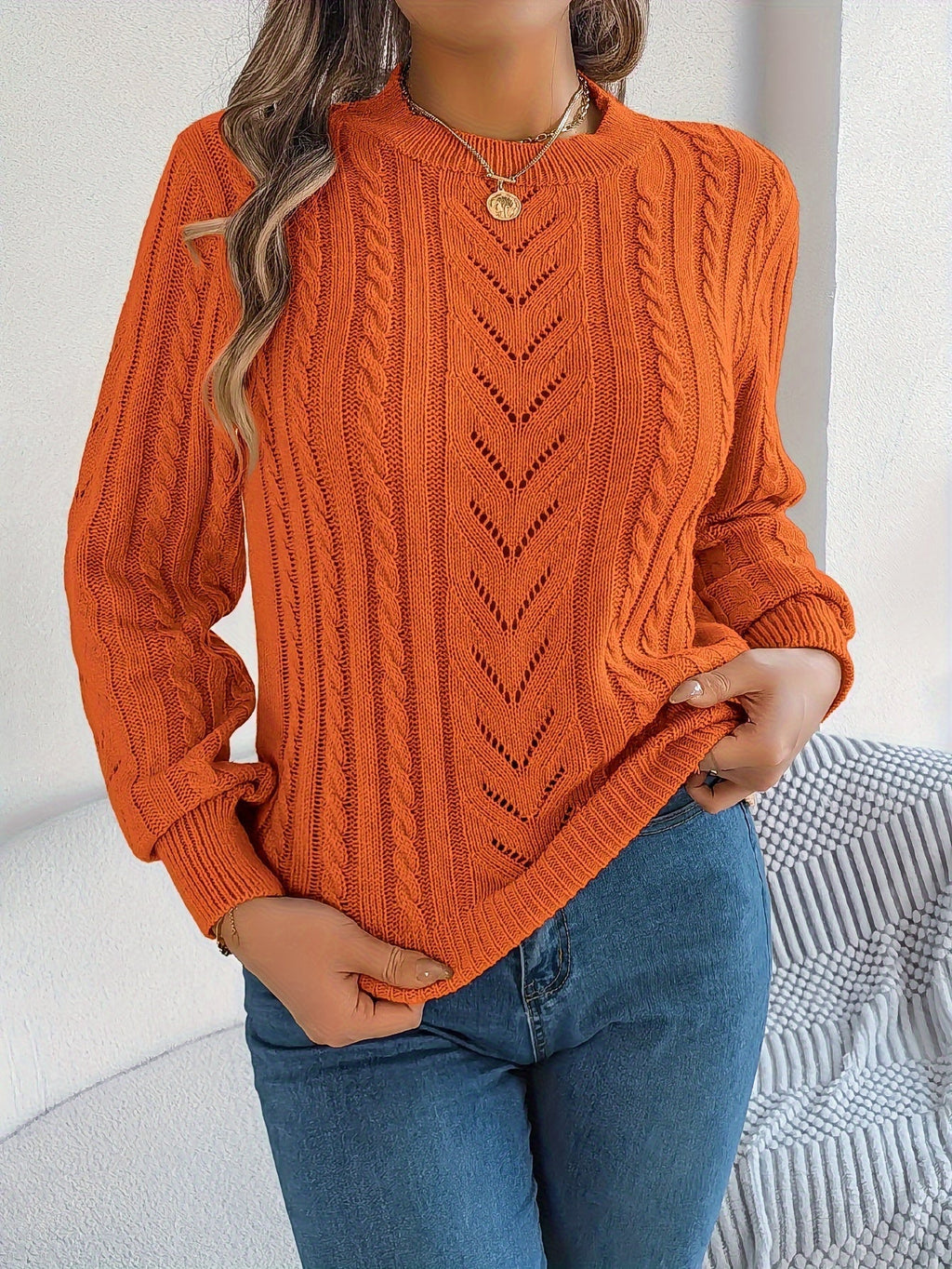 Elspeth | Women's Pointelle Cable Knit Crew Neck Sweater