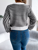 Pippa | Women's Cropped Striped Patchwork V Neck Knit Cardigan