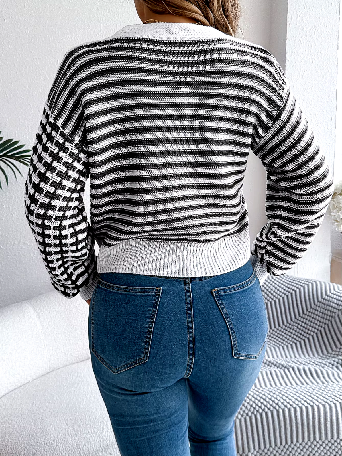 Pippa | Women's Cropped Striped Patchwork V Neck Knit Cardigan