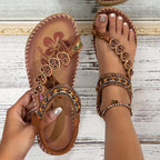 Boho Rhinestone Beaded Toe Ring Flat Sandal
