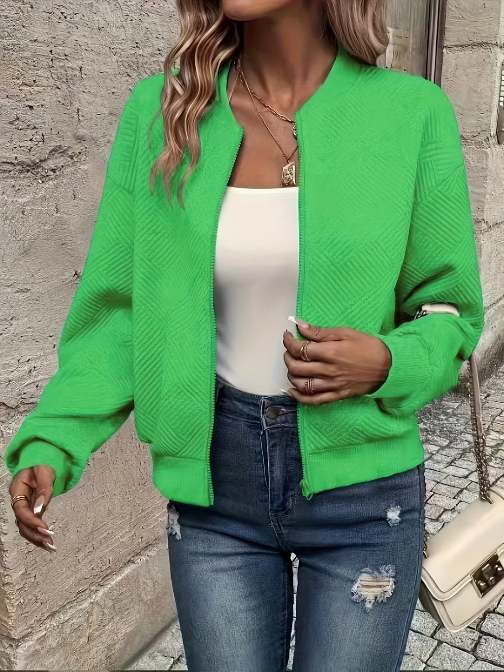 Seraphina | Women's Textured Zip-Up Cropped Bomber Jacket