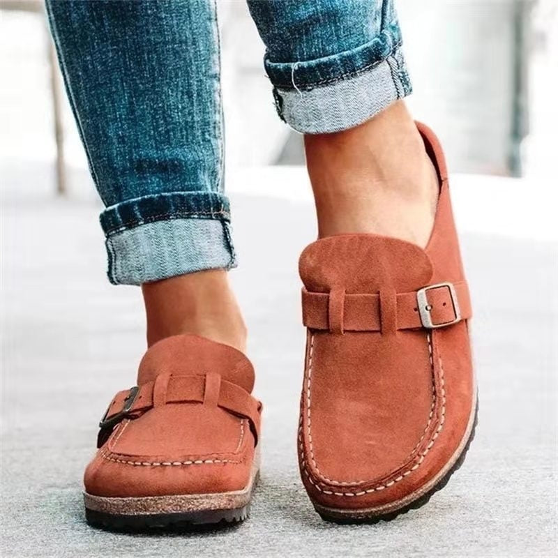Buckle Strap Suede Cork Sole Slip-On Flat Loafer