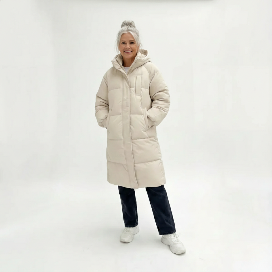 Margot | Women's Hooded Long Puffer Coat with Ribbed Cuffs