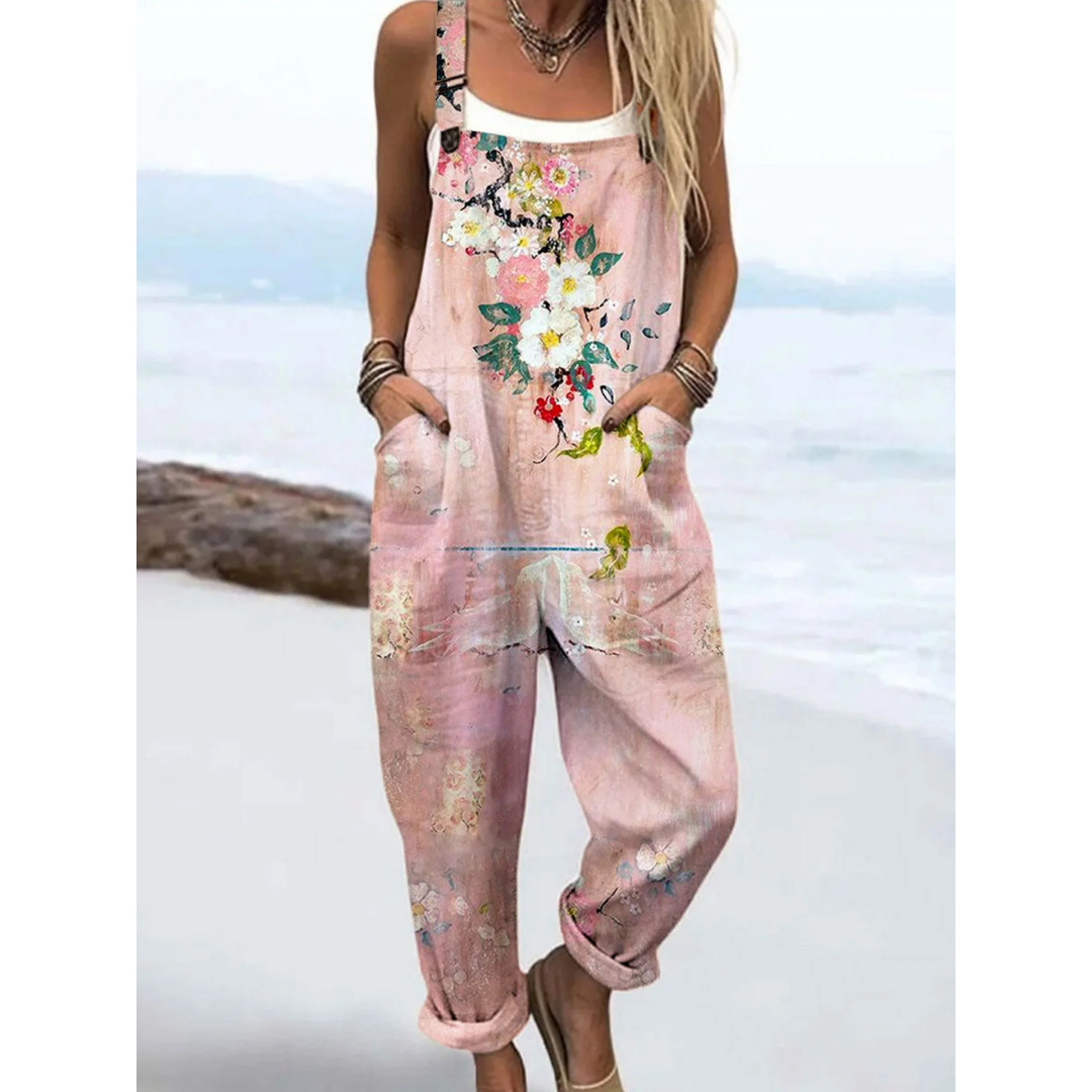 Watercolour Floral Print Adjustable Strap Boho Casual Jumpsuit