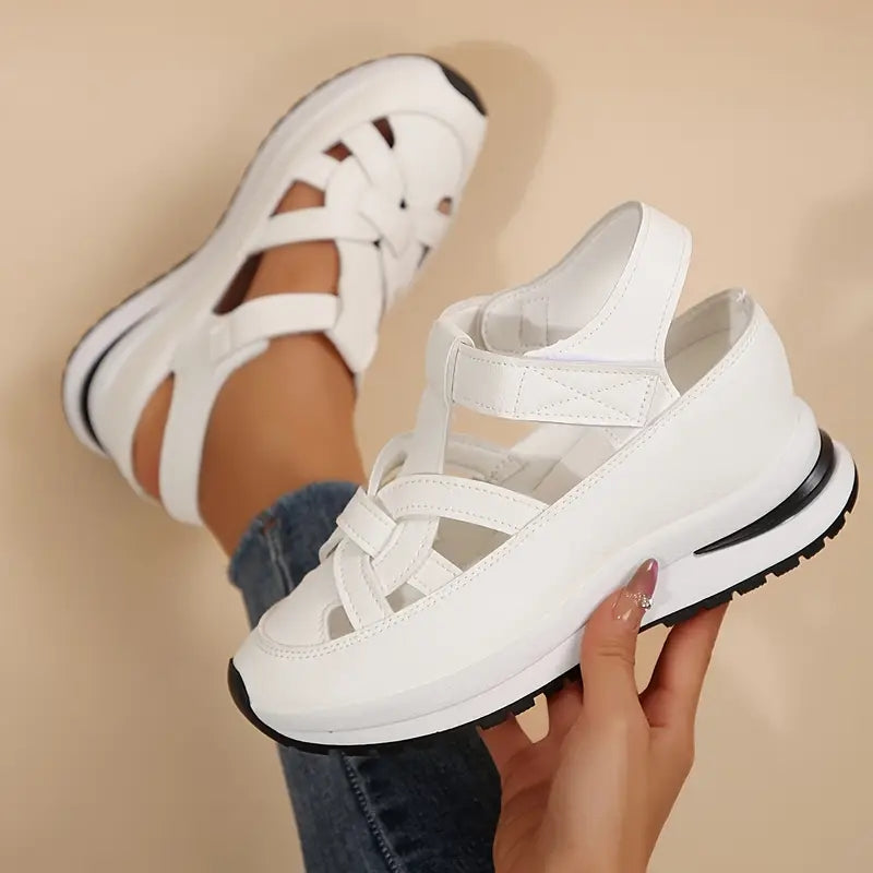 Woven Cut Out Velcro Ankle Strap Flatform Sport Sandals