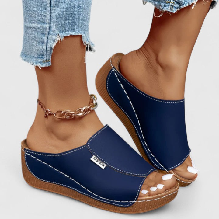 Leather Peep Toe Comfort Wedge Slide Sandal