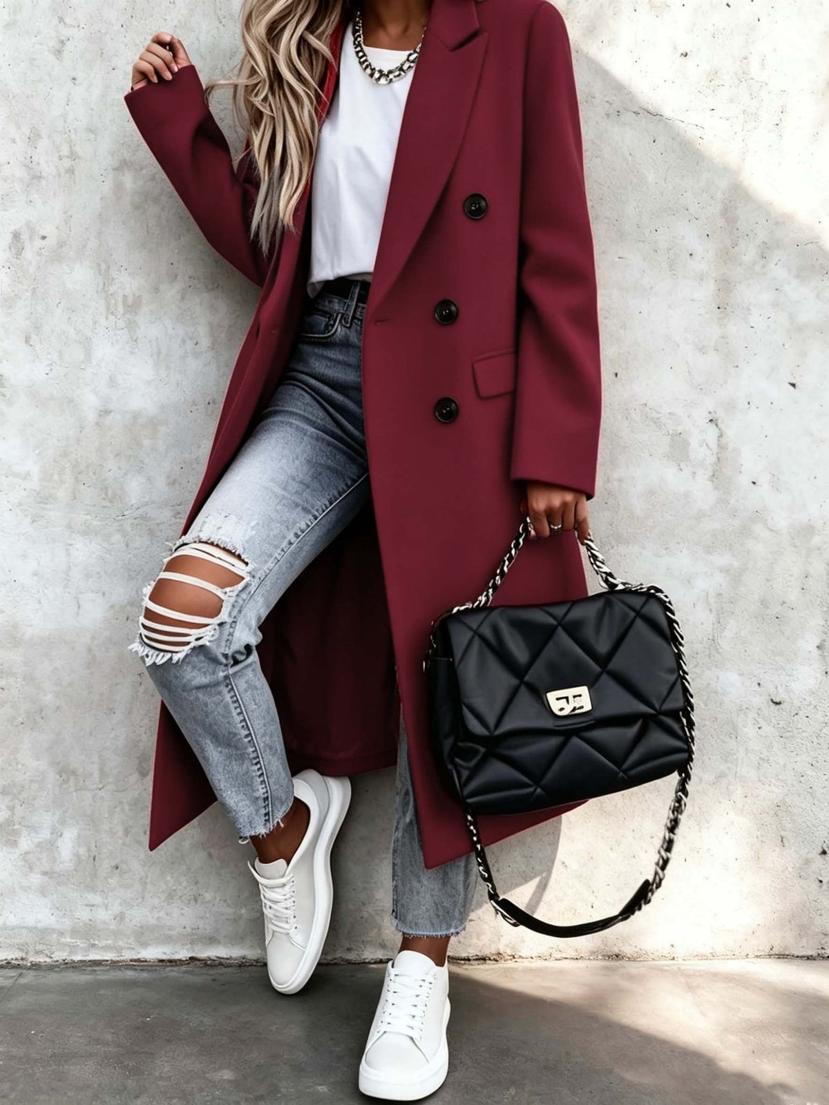 Genevieve | Women's Longline Double Breasted Coat with Notch Lapel