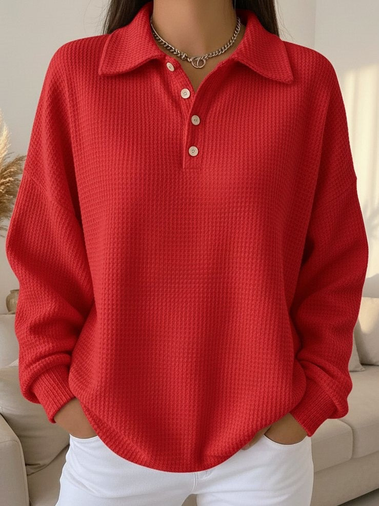 Freya | Women's Waffle Knit Collared Henley Sweater for Casual Autumn Wear