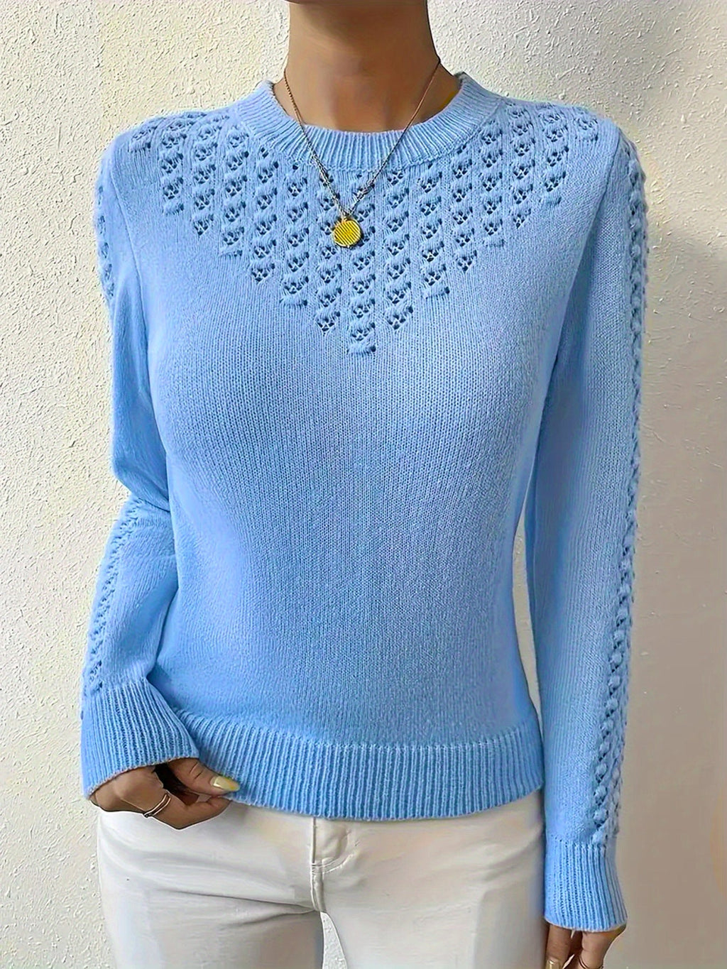 Josie | Women's Fitted Pointelle Knit Sweater with Crew Neck