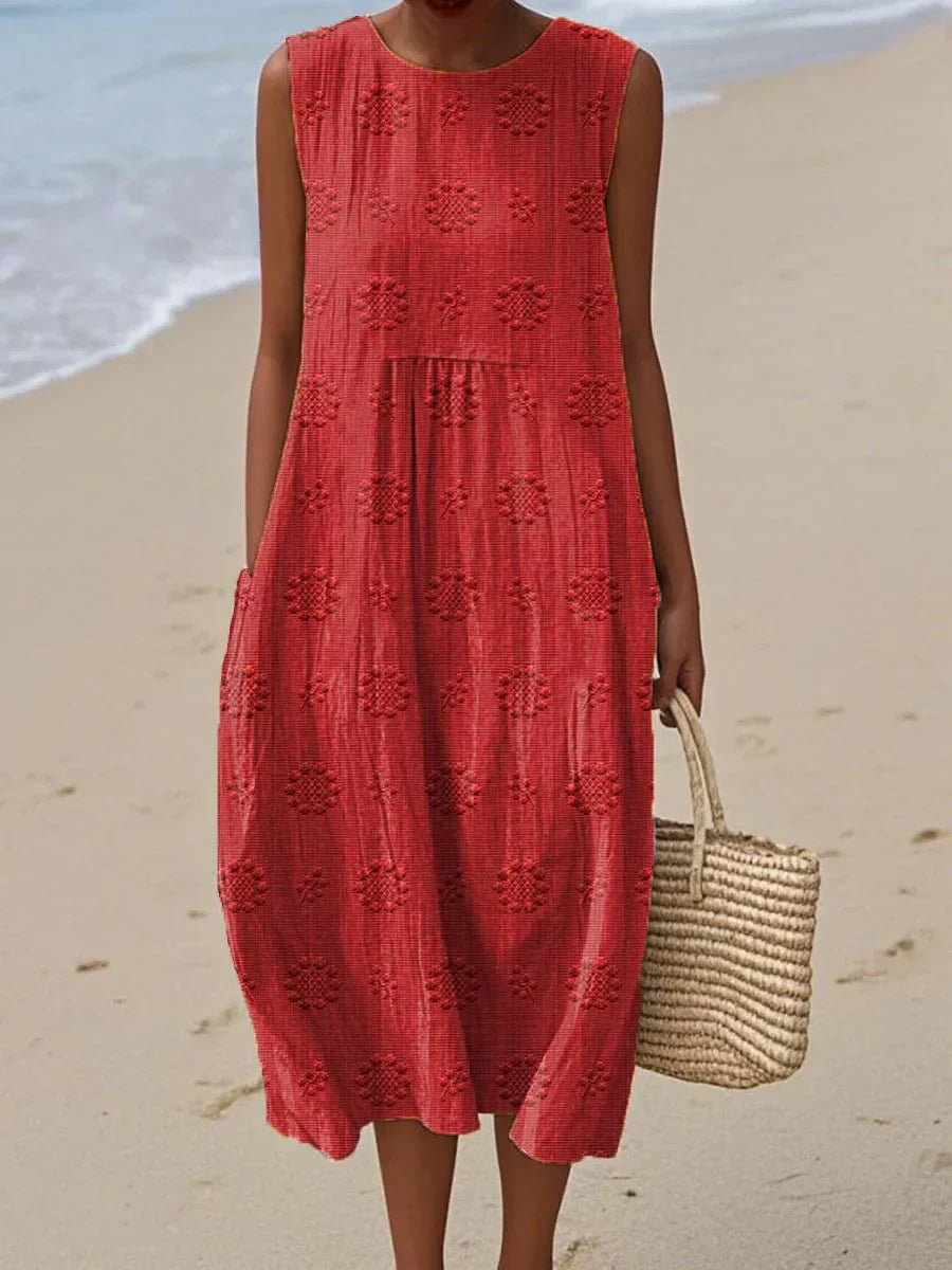 Embroidered Dot Sleeveless Smock Casual Midi Dress