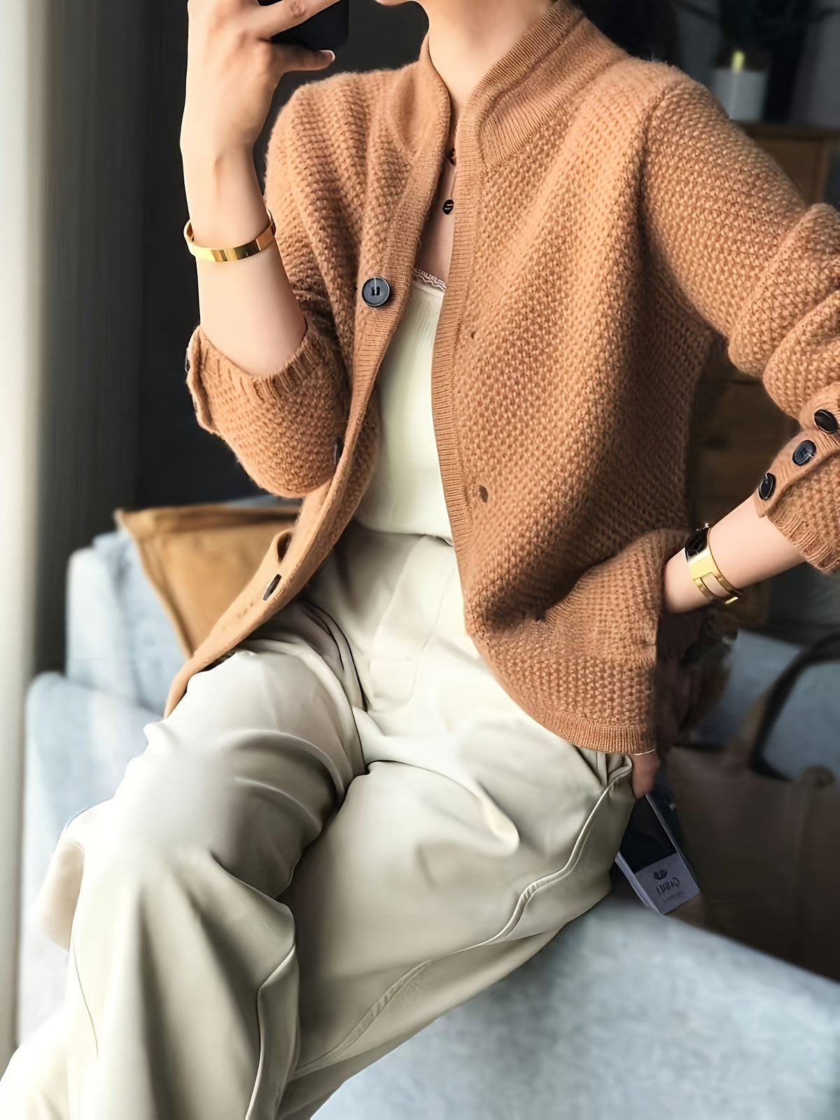 Vienna | Women's Textured Knit Button Cardigan with Stand Collar