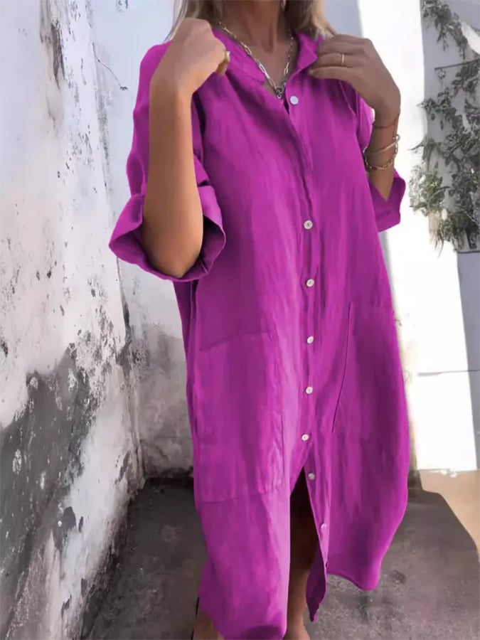 Linen Oversized Button Down Pocket Casual Shirt Dress