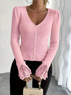 Aveline | Women's Puff Shoulder V-Neck Top with Pearl Buttons and Lace Trim