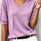 Delphine | Women's Cashmere Wool Short-Sleeve V-Neck Sweater with Ribbed Collar