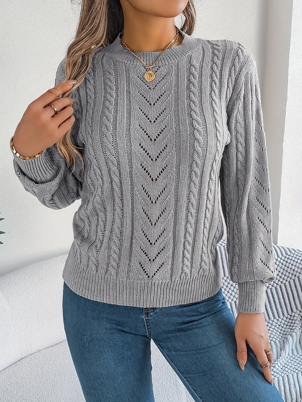 Elspeth | Women's Pointelle Cable Knit Crew Neck Sweater