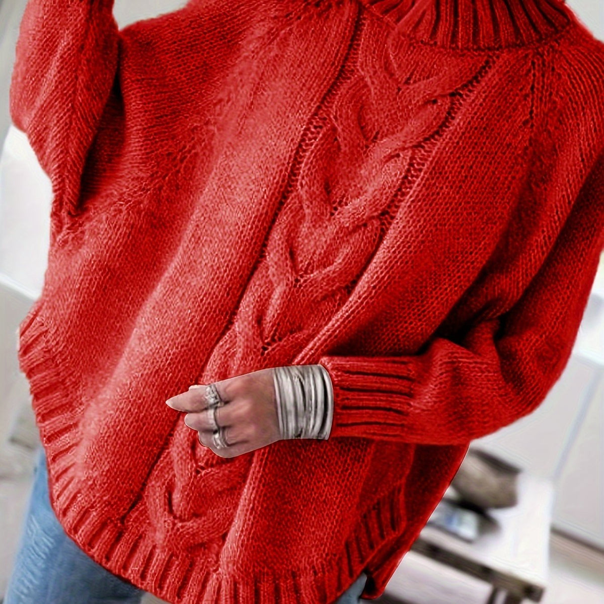 Wren | Women's Wool Cable Knit High-Neck Sweater with Flared Hem for Casual Fall Wear