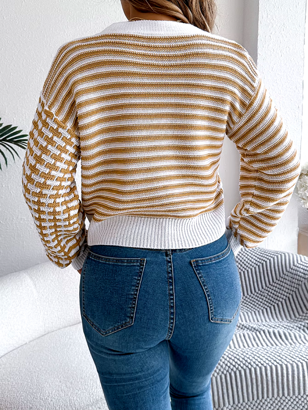 Pippa | Women's Cropped Striped Patchwork V Neck Knit Cardigan