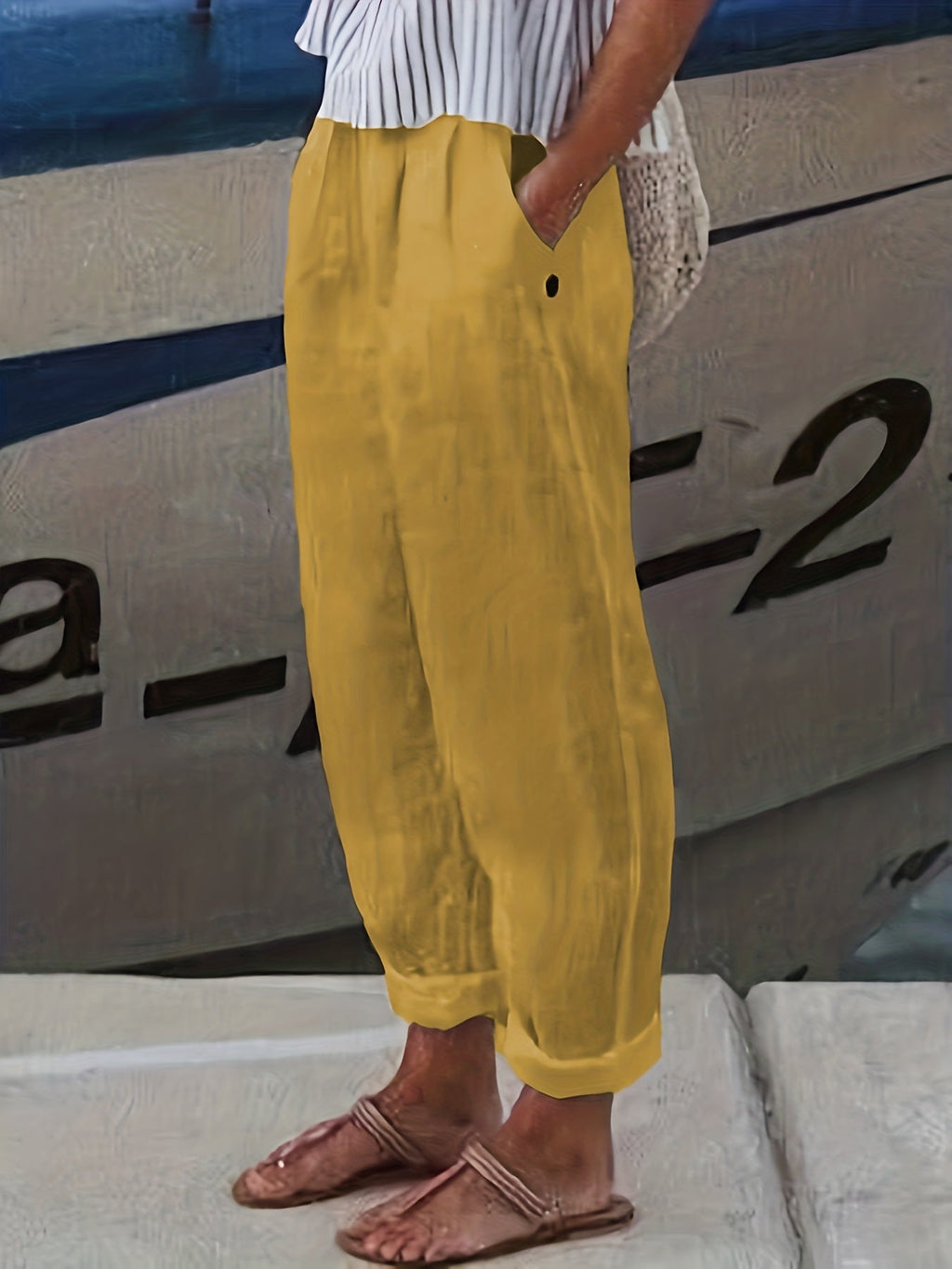 Elasticated High Waist Roll Hem Relaxed Linen Pants