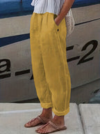 Elasticated High Waist Roll Hem Relaxed Linen Pants
