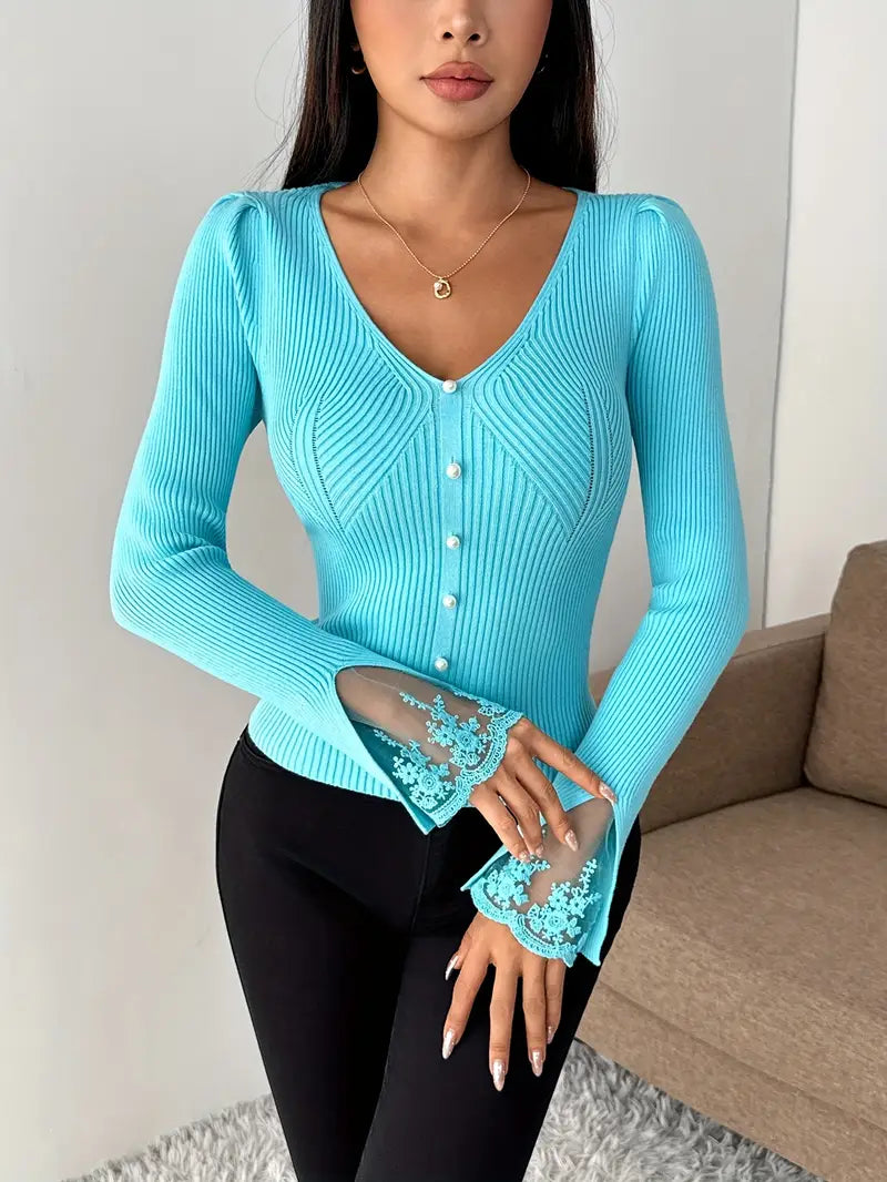 Aveline | Women's Puff Shoulder V-Neck Top with Pearl Buttons and Lace Trim