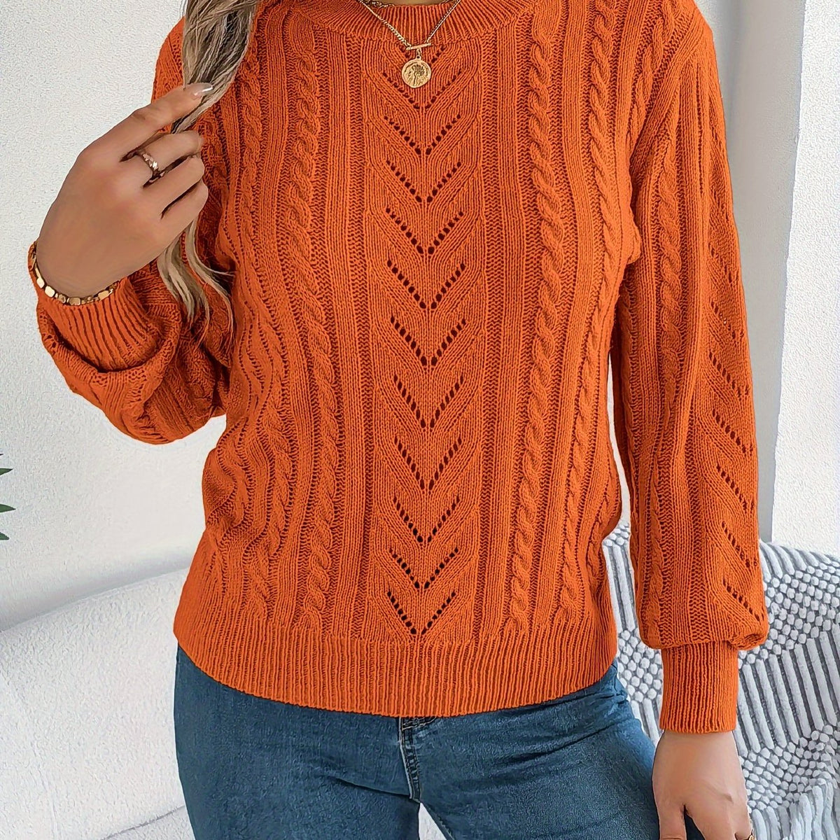 Elspeth | Women's Pointelle Cable Knit Crew Neck Sweater