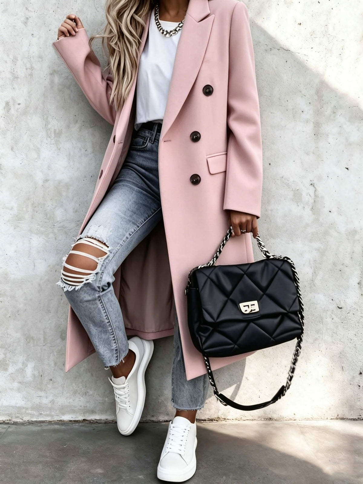 Genevieve | Women's Longline Double Breasted Coat with Notch Lapel