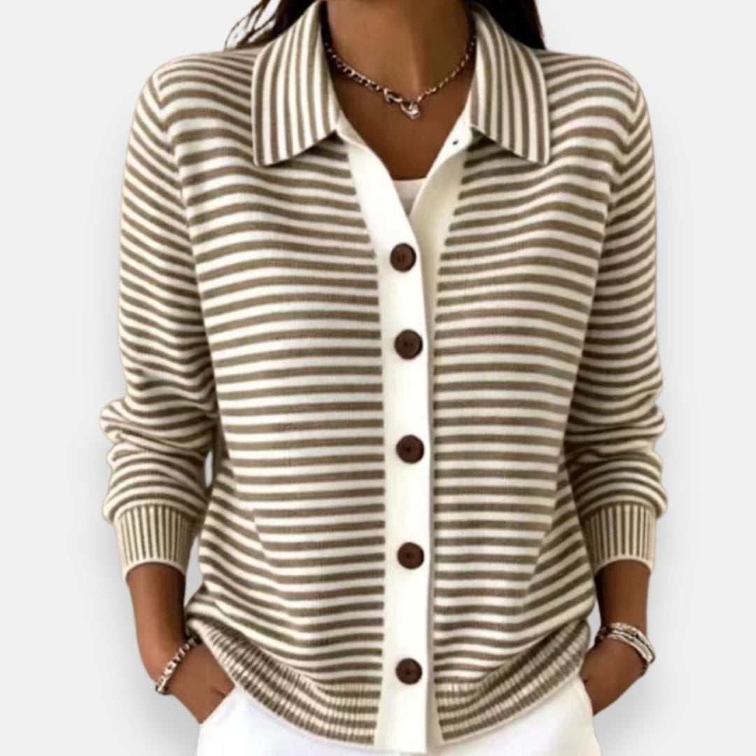 Séverine | Women's Collared Button-Front Striped Knit Cardigan