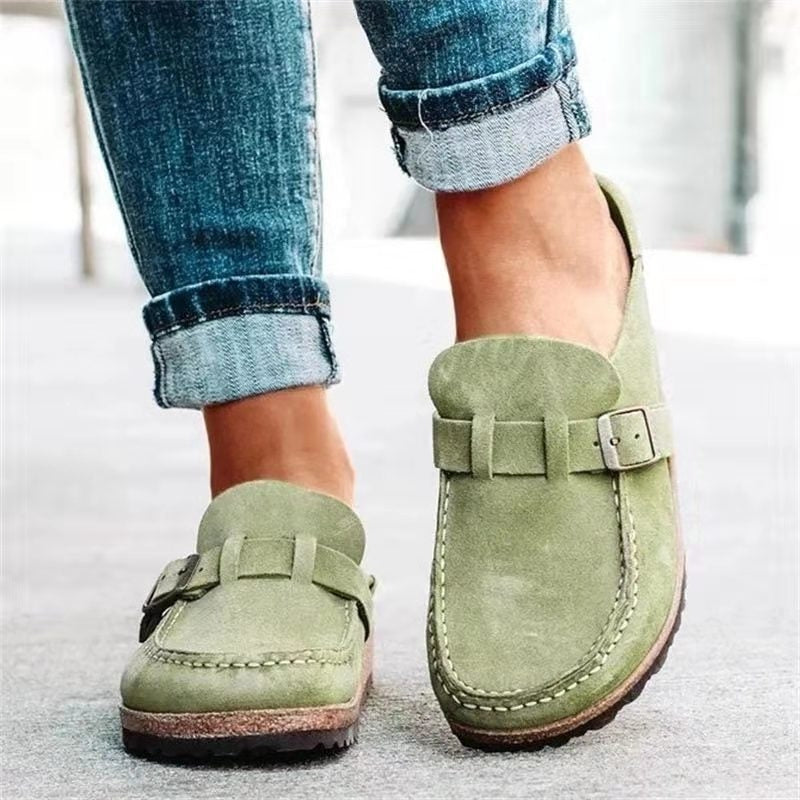 Buckle Strap Suede Cork Sole Slip-On Flat Loafer