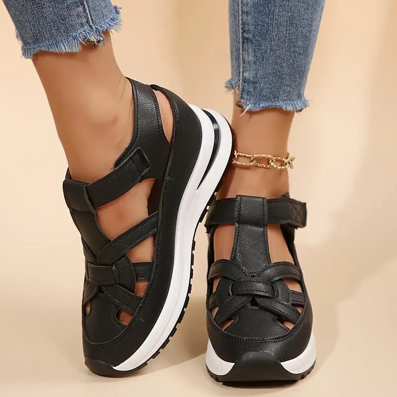 Woven Cut Out Velcro Ankle Strap Flatform Sport Sandals