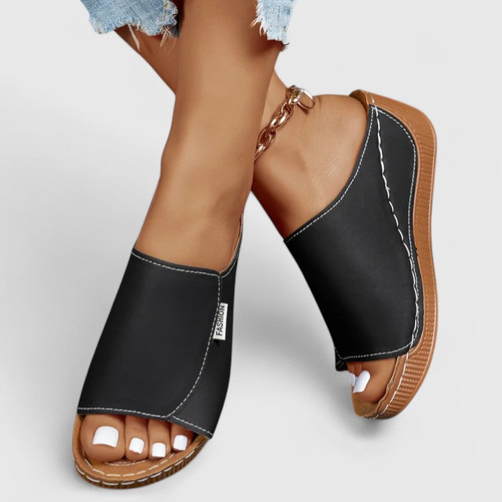 Leather Peep Toe Comfort Wedge Slide Sandal