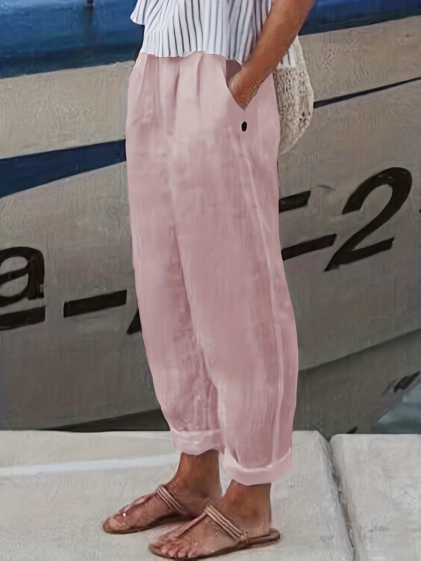 Elasticated High Waist Roll Hem Relaxed Linen Pants