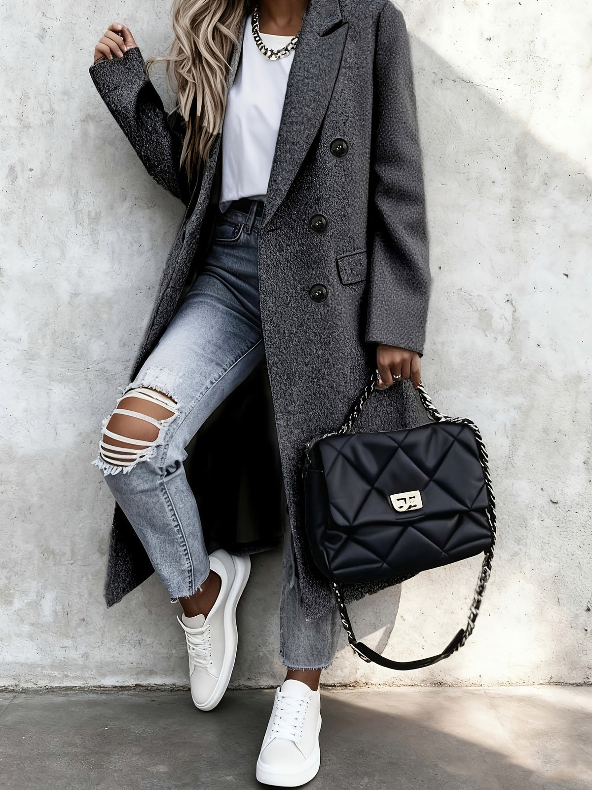 Genevieve | Women's Longline Double Breasted Coat with Notch Lapel