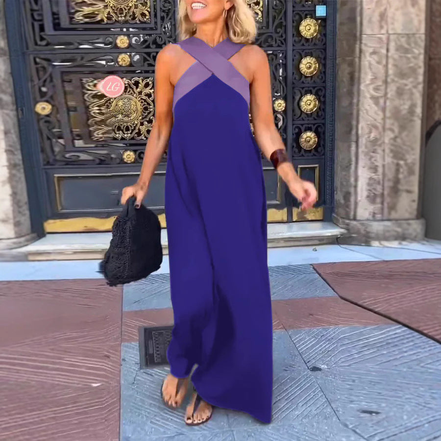 Contrast Cross Halter Neck Sleeveless Casual Maxi Dress