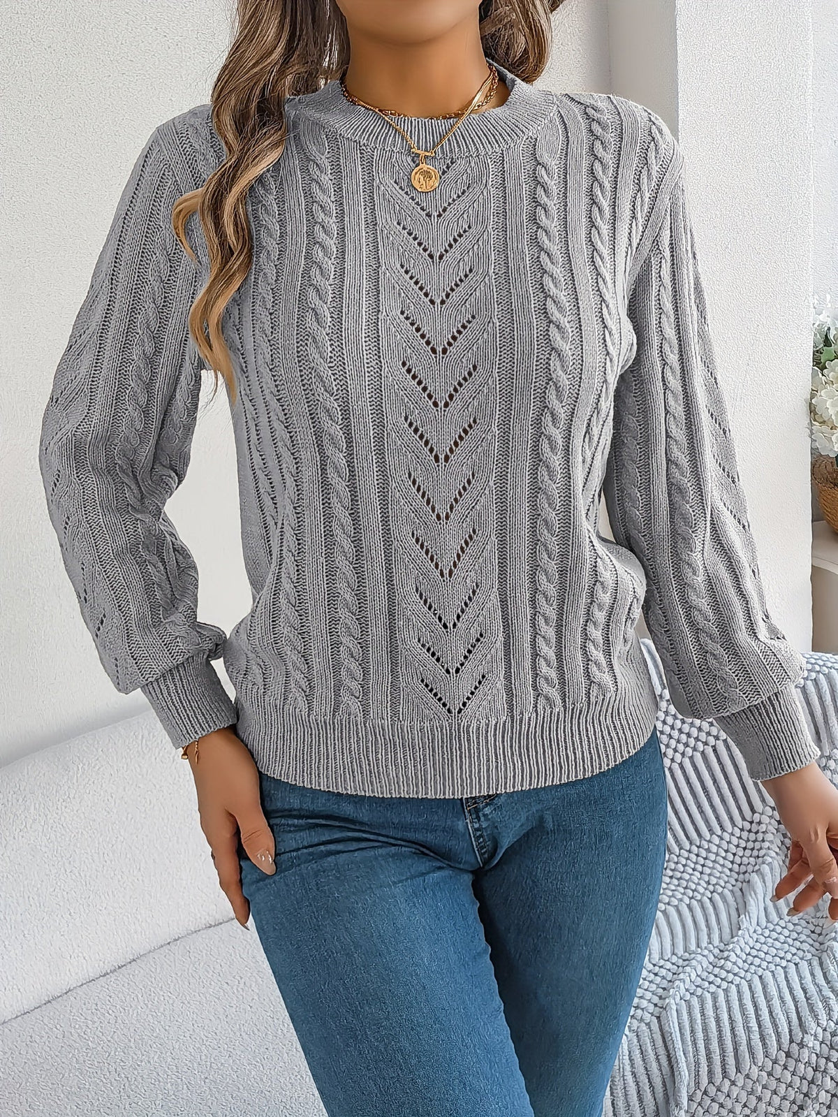 Elspeth | Women's Pointelle Cable Knit Crew Neck Sweater