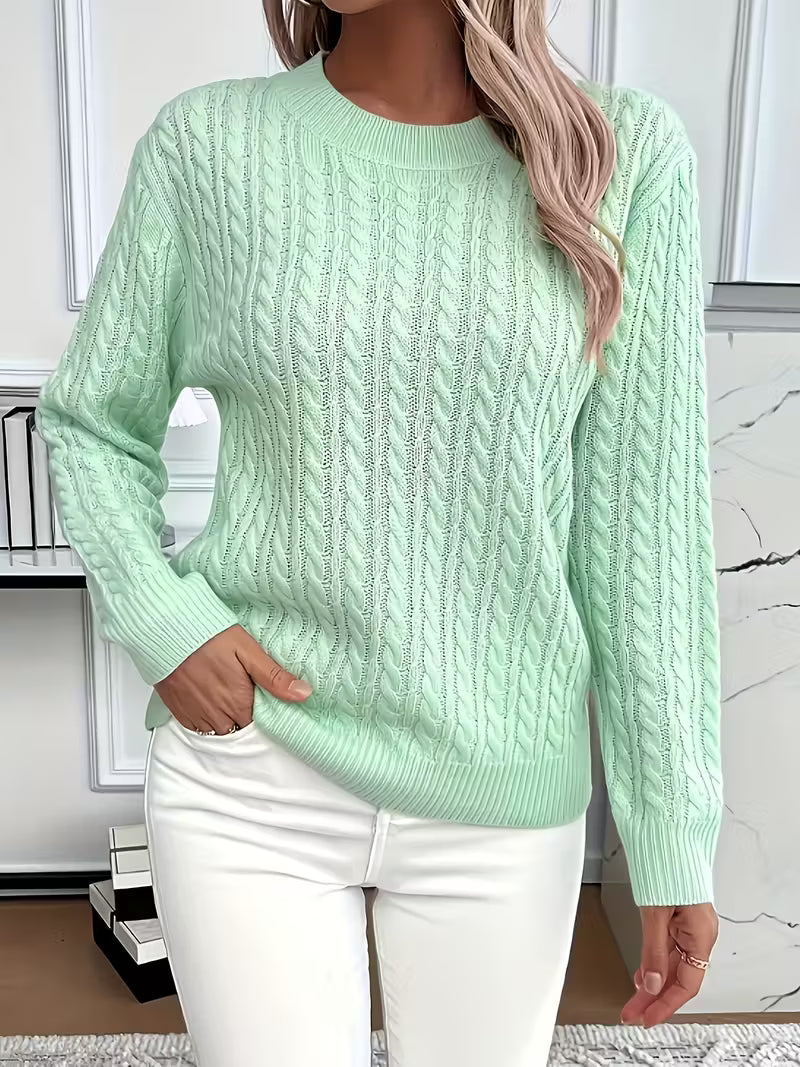Ravae | Women's Cable Knit Crew Neck Sweater for Casual Autumn Layering