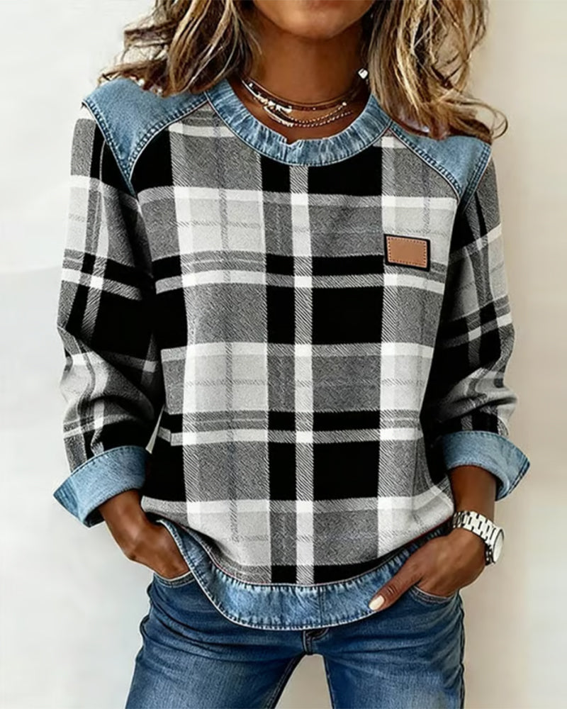 Rosalind | A Denim-Trimmed Sweatshirt for Women, Done in Plaid Patchwork