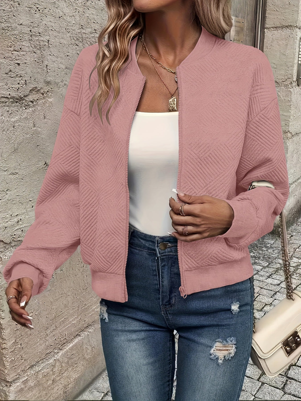 Seraphina | Women's Textured Zip-Up Cropped Bomber Jacket