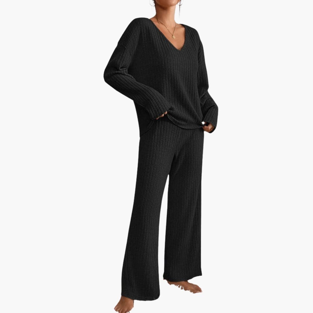 Eleonora | Women's Ribbed Knit V-Neck Sweater and Wide Leg Pants Set