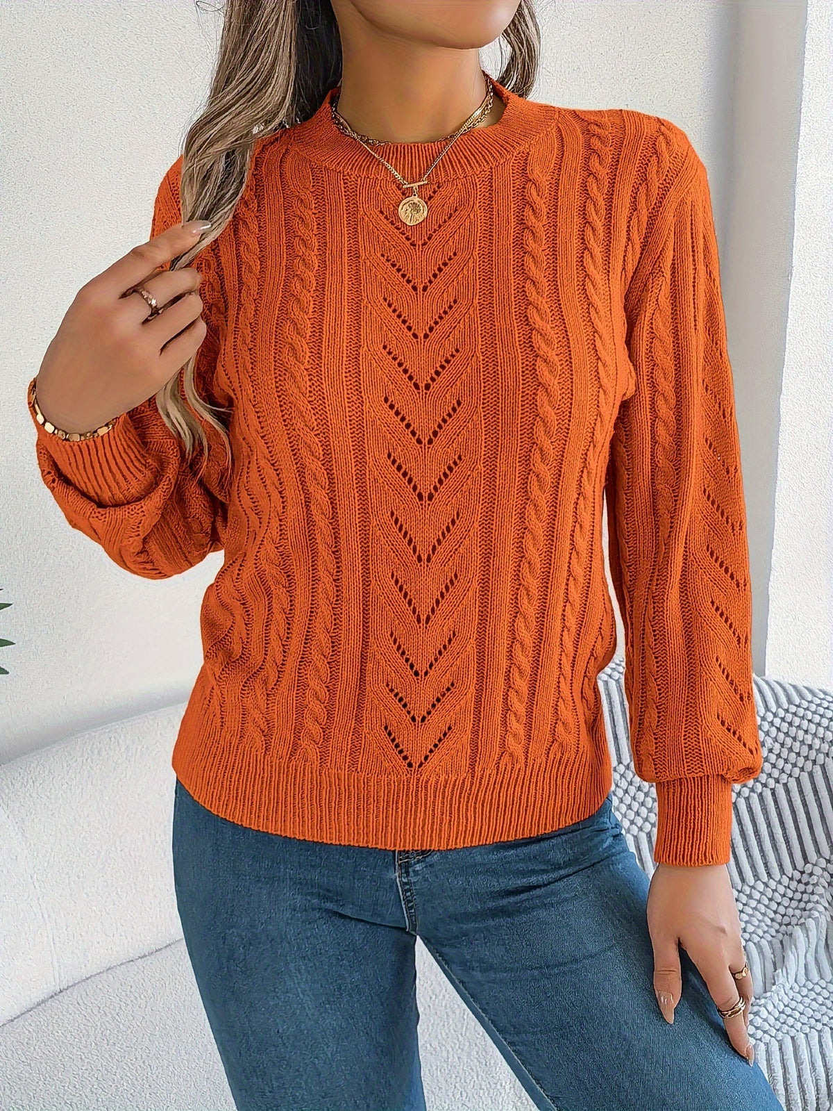 Elspeth | Women's Pointelle Cable Knit Crew Neck Sweater
