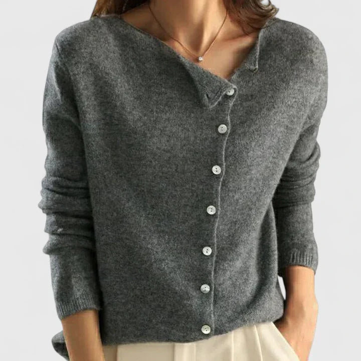 Thea | Women's Fitted Asymmetrical Neckline Button Cardigan