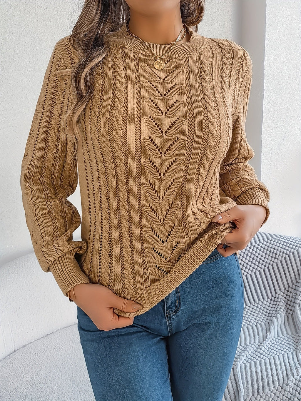 Elspeth | Women's Pointelle Cable Knit Crew Neck Sweater